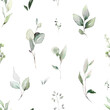 © lisima - Seamless pattern with spring  leaves, herbs, eucalyptus . Hand drawn background.   green pattern for wallpaper or fabric.  Botanic Tile.