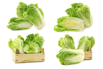 Wall Mural - fresh chinese cabbage and some in a wooden crate on a white background