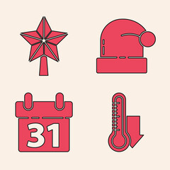 Wall Mural - Set Meteorology thermometer measuring, Christmas star, Christmas Santa Claus hat and Calendar icon. Vector