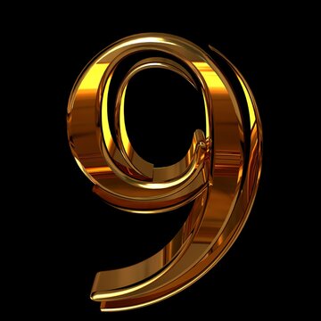 3d render of number 9 made of gold on a black background