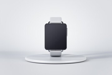 Aufkleber - Smart watch concept with electronic watches with black display with copyspace on light round stand on abstract light background. 3D rendering, mock up