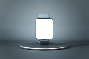 Aufkleber - Smart watch concept with electronic watches with blank white display on metallic round stand on abstract background. 3D rendering, mock up