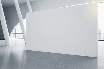Aufkleber - Sunny room with big blank white poster on concrete floor and white decorative columns. 3D rendering, mockup