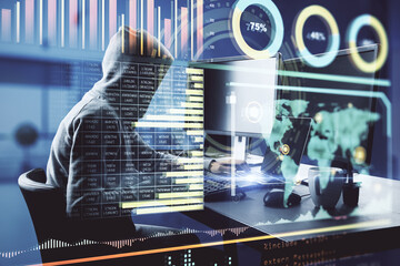 Poster - Data theft concept with hacker working on computer and digital interface with stats and big data indicators