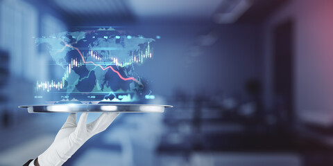 Poster - Global trading strategy concept with human palm in white glove with round tray and virtual world map with financial chart graphs above on blank blurry background. Mock up