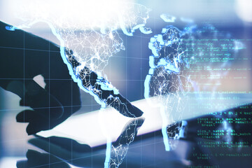 Aufkleber - Big data technologies concept with world map and programming code hologram on human finger on digital tablet touch screen background