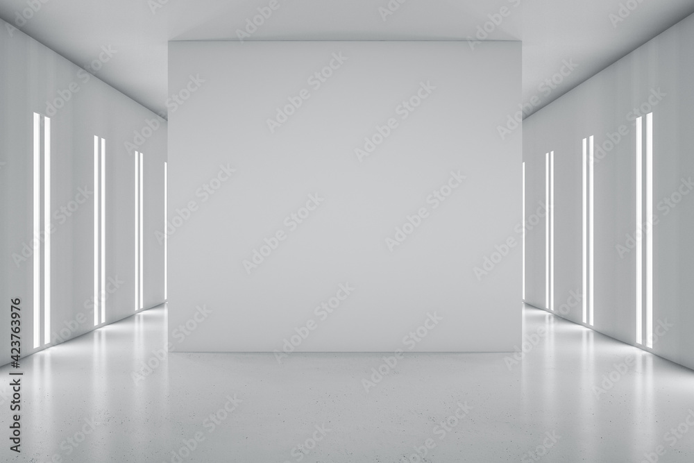 Blank grey partition in the center on modern empty hall with glossy floor and led lights on walls. 3D rendering, mockup - obrazy, fototapety, plakaty 