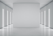 Blank Grey Partition In The Center On Modern Empty Hall With Glossy Floor And Led Lights On Walls. 3D Rendering, Mockup