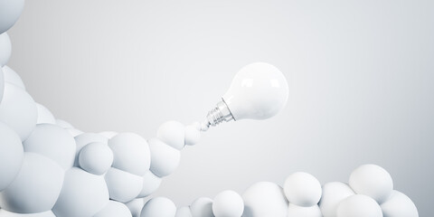 Poster - Launched lightbulb, clouds, white background. Innovation concept