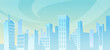 © Sensvector - Big city panorama at distance at daytime, cityscape background. Vector skyscrapers and family houses at day, skyline blue sky, downtown architecture. Urban town metropolis, towers, business offices
