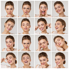 Collage of beautiful woman with different facial expressions