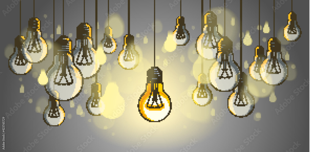 Idea concept light bulbs vector illustration with single one is shining, think different, creativity, be special, leadership. - obrazy, fototapety, plakaty 