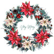 Watercolor Christmas Traditional Floral Wreath Isolated on White
