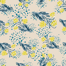 Abstract Seamless Bloom Pattern With Yellow Flowers Bouquet Random Print. Background With Splashes.