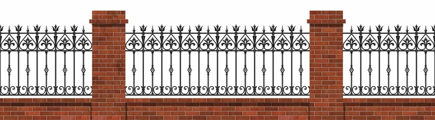 Wall Mural - Classic iron fence with red brick pillars. Art Nouveau. Urban design. Isolated. White background. Traditional blacksmithing. Luxury landscape design. Iron railings. City. Street. Park. Seamless.
