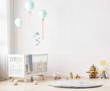 White Nursery Room Interior Background With Baby Bedding, Toys, Balloons, Nursery Mock Up, Kids Room Interior, 3d Rendering