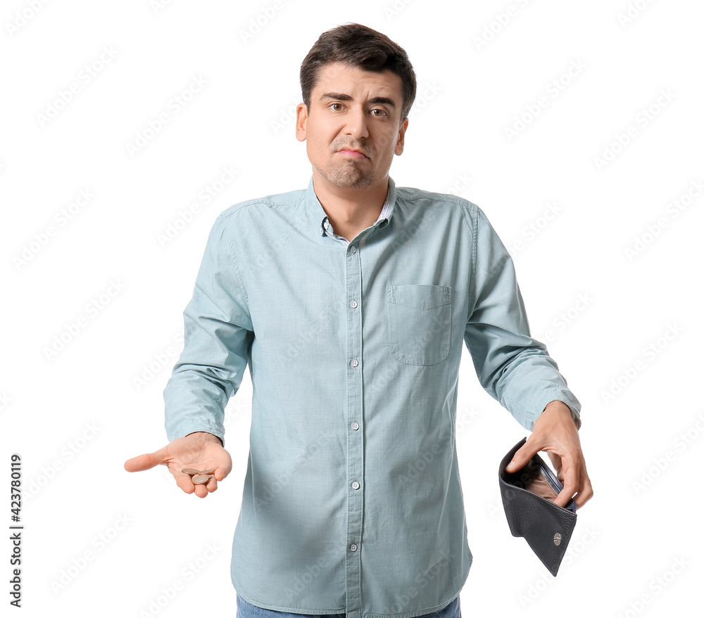 Man with empty wallet on white background. Bankruptcy concept