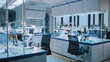 © Gorodenkoff - Modern Empty Biological Applied Science Laboratory with Technological Microscopes, Glass Test Tubes, Micropipettes and Desktop Computers and Displays. PC's are Running Sophisticated DNA Calculations.