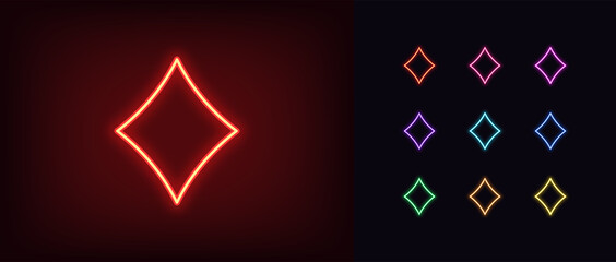 Poster - Neon diamond suit icon. Glowing neon diamonds sign, outline card suit symbol and silhouette