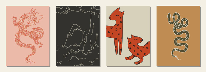 Wall Mural - Set of hand drawn abstract animals in modern, trendy colors, minimalism art.