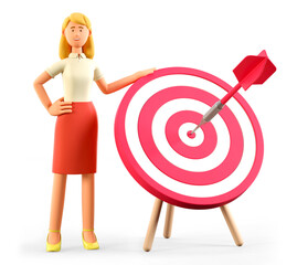 Wall Mural - 3D illustration of beautiful woman standing next to a huge target with a dart in the center, arrow in bullseye. Objective attainment, reaching goals, business purposes, successful strategy.