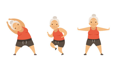 Sticker - Senior Woman with Grey Hair Doing Physical Exercises Stretching Vector Set