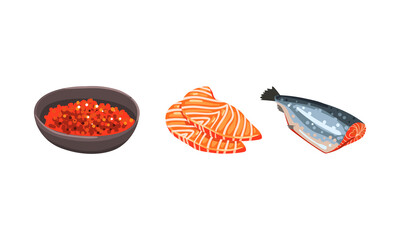 Poster - Fresh Salmon Fish Fillet and Red Caviar in Bowl as Seafood Product Vector Set