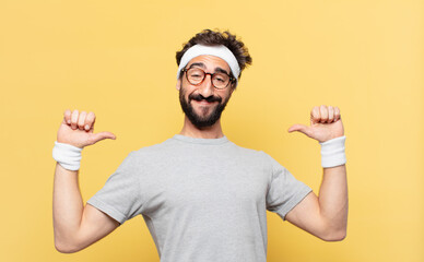 Poster - young crazy bearded athlete happy expression