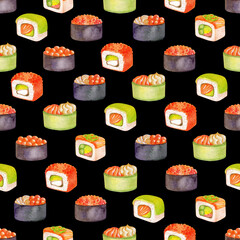 Seamless pattern with sushi drawn by watercolor on a black background. Pattern with different types of nigiri sushi. Illustration with delicious Japanese food.