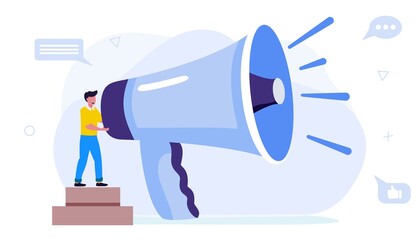 Wall Mural - Professional speaker with megaphone Tiny people creative trainees or company members listening to the performance to skilled coach or senior colleague Vector illustration flat design style