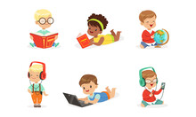 Cute Kids Reading Books And Listening Music Set, Little Children Doing Various Activities Cartoon Vector Illustration