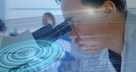 Poster - Animation of scope scanning and data processing over scientist using microscope in laboratory