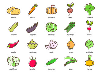 Wall Mural - Vegetables Sign Color Thin Line Icon Set. Vector