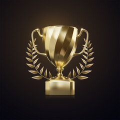 golden champion cup with laurel wreath isolated on black background