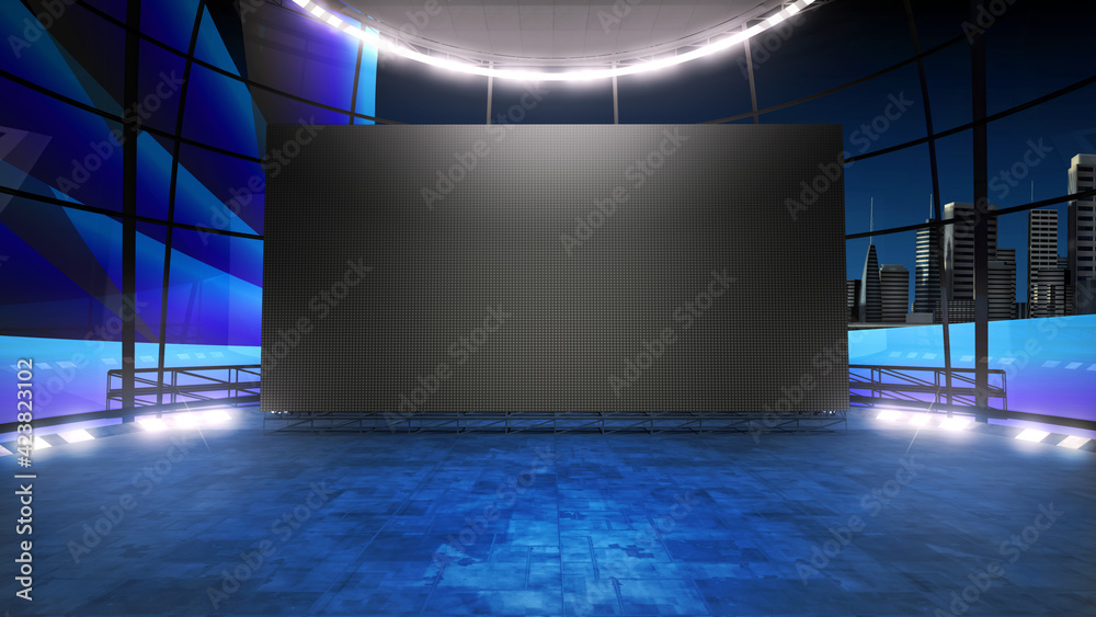 Event arena studio backdrop with a big videowall . Ideal for tv shows, presentations or events. A 3D rendering, suitable on VR tracking system sets, with green screen - obrazy, fototapety, plakaty 