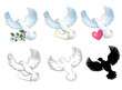 © Ольга Ева - Set of doves in cartoon style, outline and black silhouette, they hold a heart, a flowering branch and a letter in their paws. Stock vector illustrations isolated on white background.