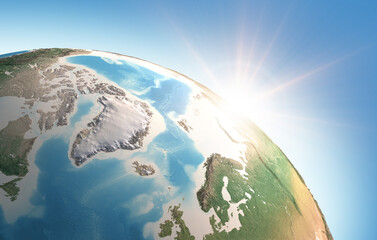 Wall Mural - sun shining over a high detailed view of planet earth, focused on north pole, greenland and arctic o
