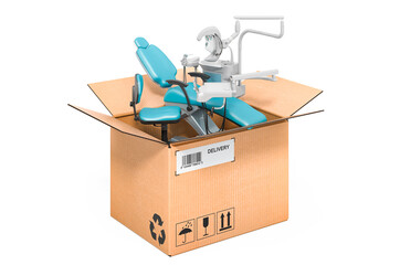 Poster - Dental chair unit inside cardboard box, delivery concept. 3D rendering