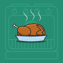 Baked Turkey Vector Illustration For Thanksgiving Day. Cartoon Picture Of Traditional Food For Autumn Holiday. Green Background With Oven Contour