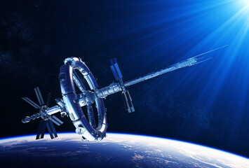 Wall Mural - futuristic space station in the rays of blue light