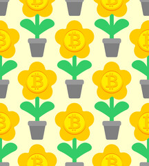 Wall Mural - Bitcoin plant in pot pattern seamless. Cryptocurrency flower background.