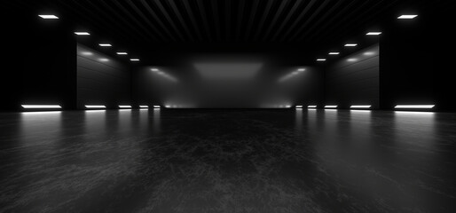 Fototapete - A dark corridor lit by white neon lights. Reflections on the floor and walls. 3d rendering image.