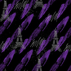 Sticker - Abstract seamless pattern for textiles. Eiffel Tower and geometric elements on black background.