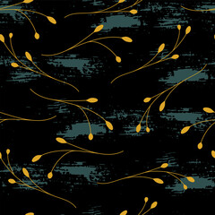 Wall Mural - Abstract seamless grunge pattern with golden branches flowers on black background.