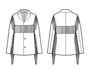 Wall Mural - Western jacket technical fashion illustration with fringe, oversized, long sleeves, notched collar, button opening, yoke. Flat coat template front, back, white color style. Women, men, top CAD mockup