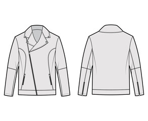 Wall Mural - Zip-up biker jacket technical fashion illustration with oversized, asymmetrical zip front, long sleeves, welt pockets, moto details. Flat coat template back grey color style. Women men CAD mockup