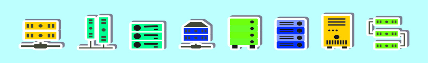 Wall Mural - set of server rack cartoon icon design template with various models. vector illustration isolated on blue background