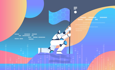 Poster - modern robot holding flag artificial intelligence concept full length