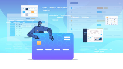 Poster - black robot hacking data privacy security information of credit card artificial intelligence concept horizontal