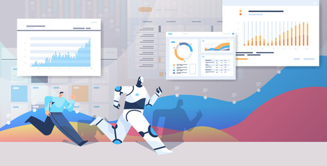 Poster - businessman running with robot business competition artificial intelligence technology concept